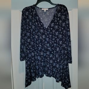 Navy Polka-dot Surplice Top with Handkerchief Hem